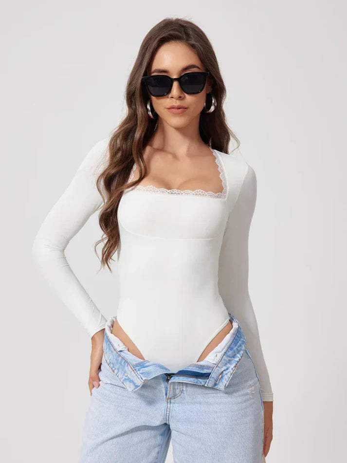 Square Lace Trim Bodysuit